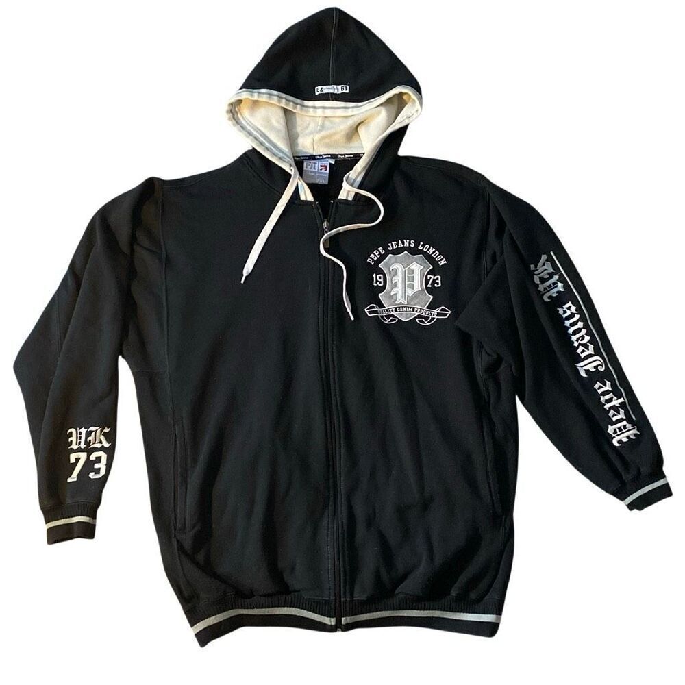 VTG Cyber Y2K Pepe Jeans London UK Zip Hoodie Black Tattoo 2XL Embroidered XXL